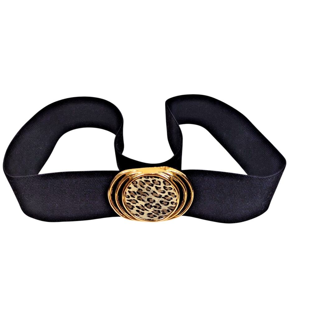 VTG 90's Women's Black Stretch Belt Animal Print Buckle Gold Tone Hook M